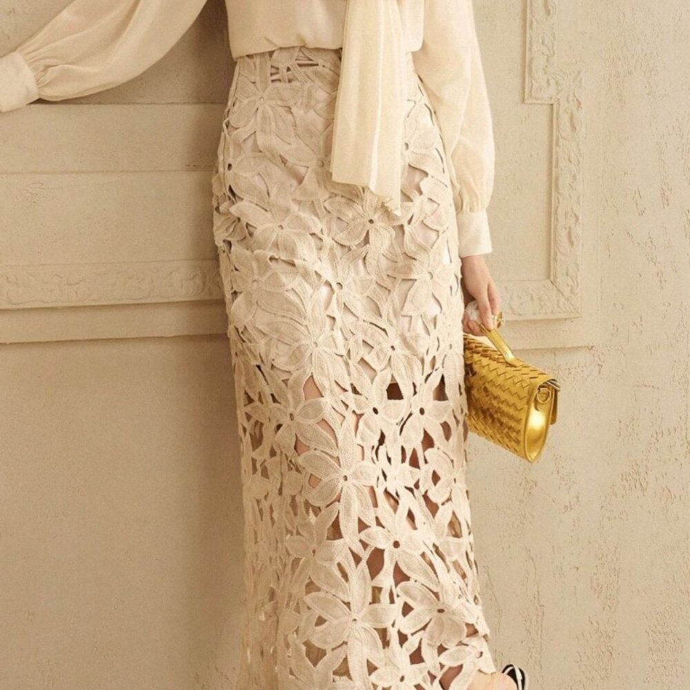 Khaki Casual Women's Floral Lace Cutout A-Line Skirt - Picture 1 of 9